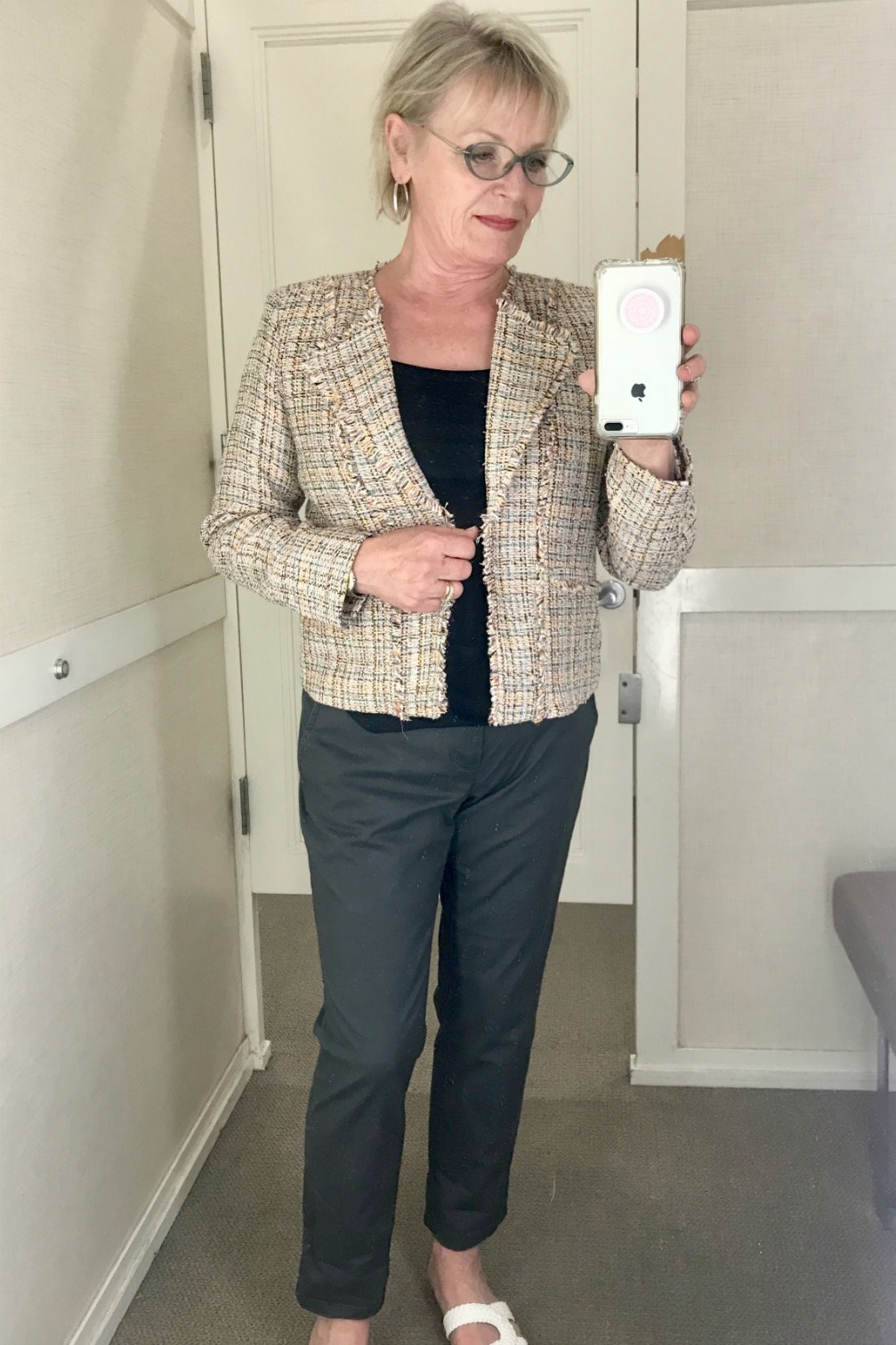 frayed tweed jacket and gray chinos from Loft worn by Jennifer Connolly of A Well Styled Life