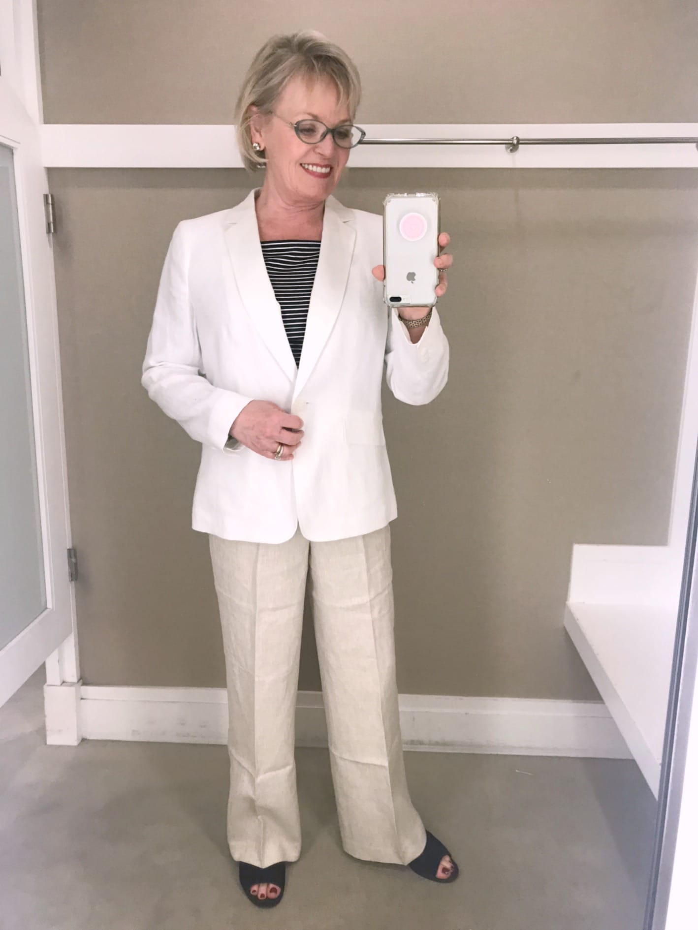 linen suiting from Talbots worn by Jennifer Connolly of A Well Styled Life