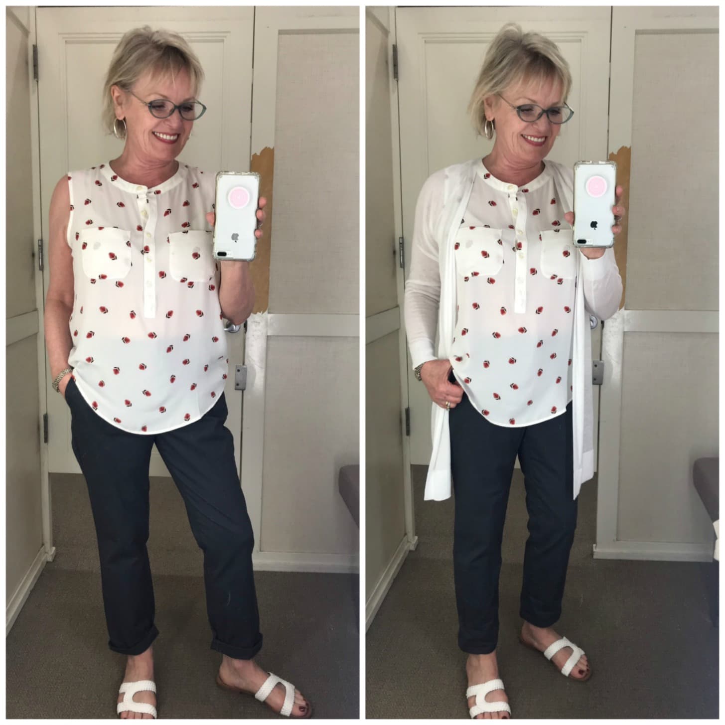 Jennifer Connolly of A Well Styled Life wearing floral top, gray chino's and white sweater from Loft