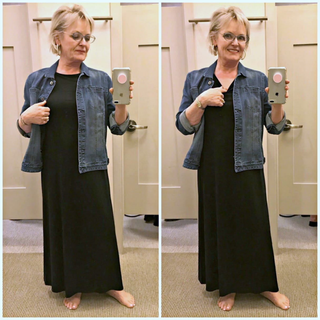 Black maxi dress and denim jacket from J.Jill styled by Jennifer of A Well Styled Life