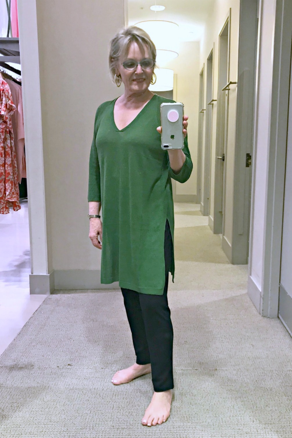 Over 50 style blogger Jennifer Connolly wears J. Jill linen tunic in green over black slim pants