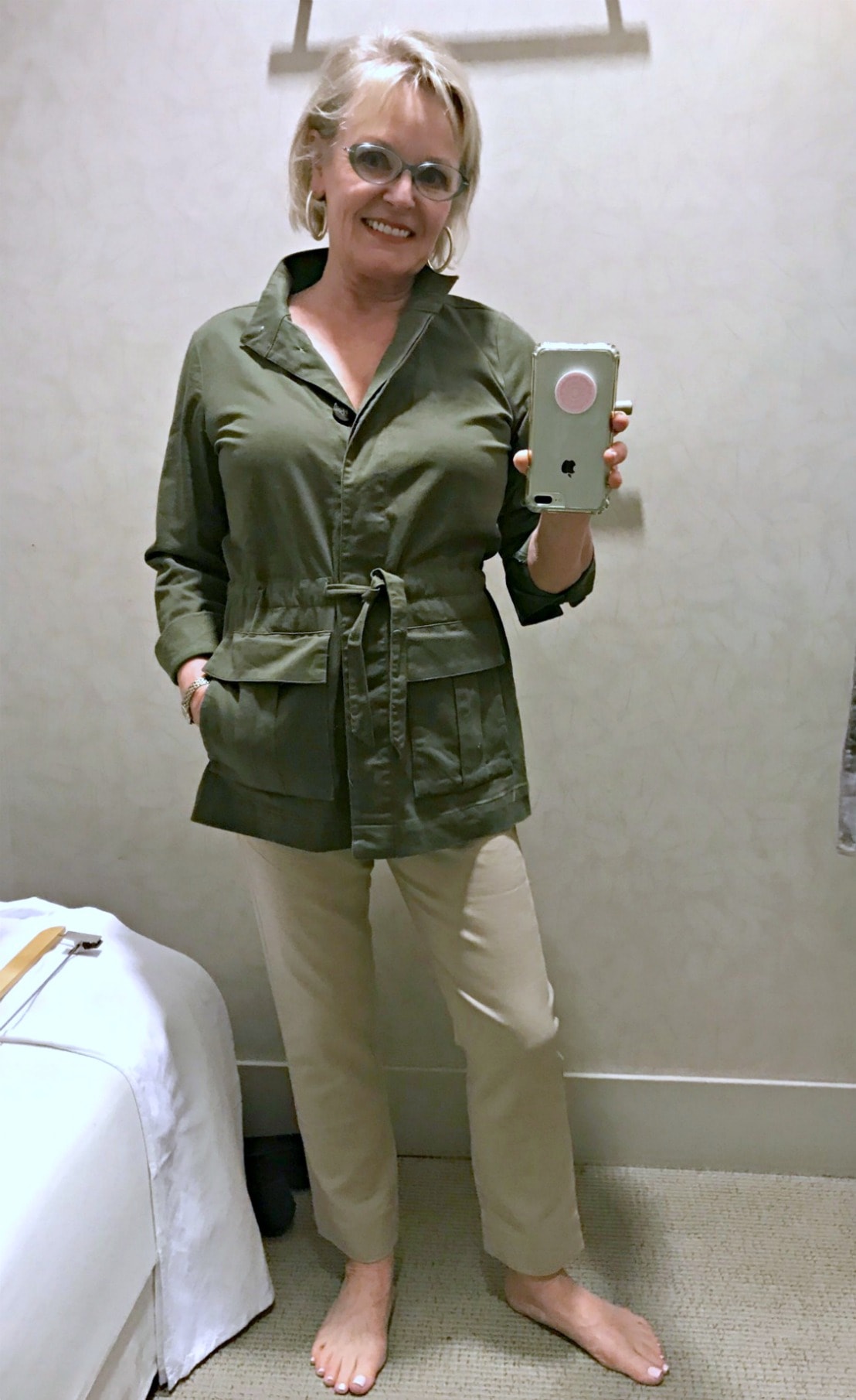 green jacket and beige cotton pants from J.Jill styled by Jennifer Connolly of A Well Styled Life