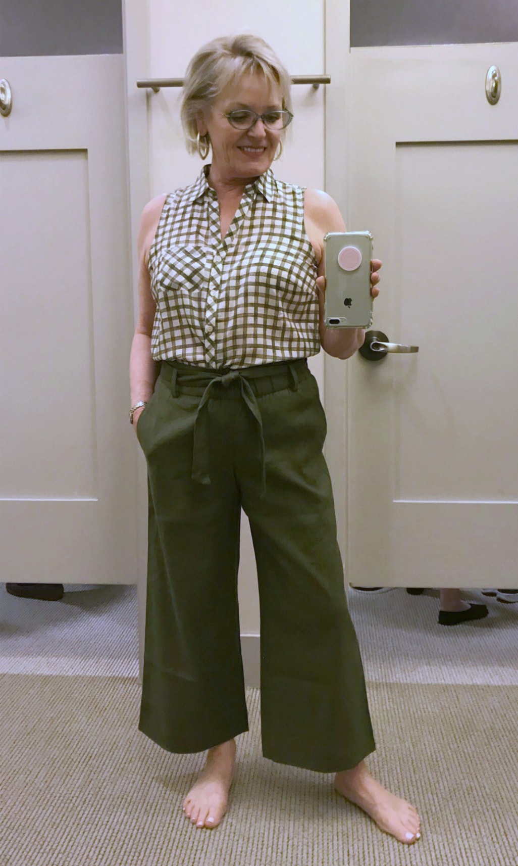 gingham shirt and green wide crop linen pants from J.Jill worn by Jennifer of A Well Styled Life