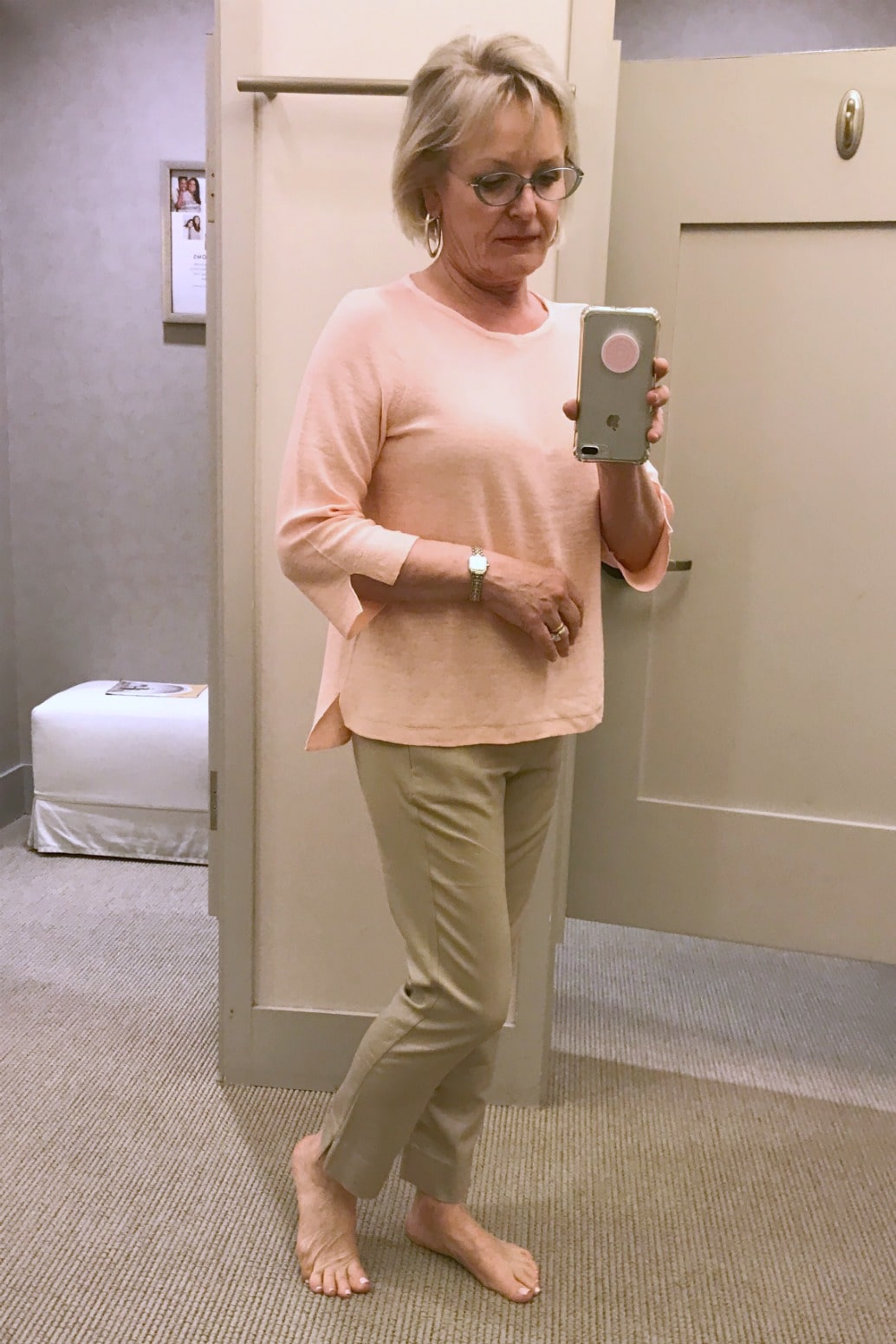 pink sweater and beige cotton pants from J.Jill styled on over 59 blogger, Jennifer Connolly of A Well Styled Life