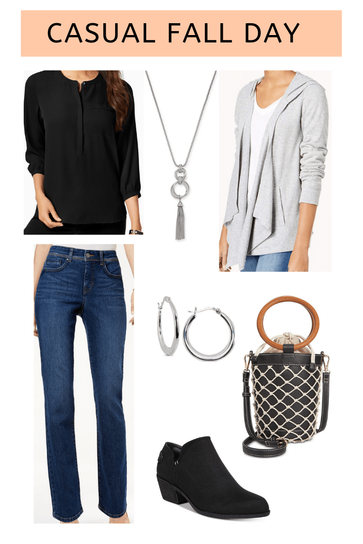 flat lay with gray cardigan, blue jeans, black booties, black top and black shoulder bag from Macy's on A Well Styled Life