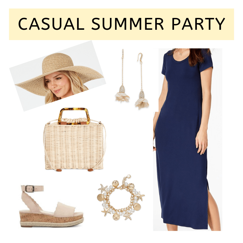 flat lay of navy tee dress, straw crossbody, straw hat, beige flatform sandals and gold-toned jewelry from Macy's on A Well Styled Life