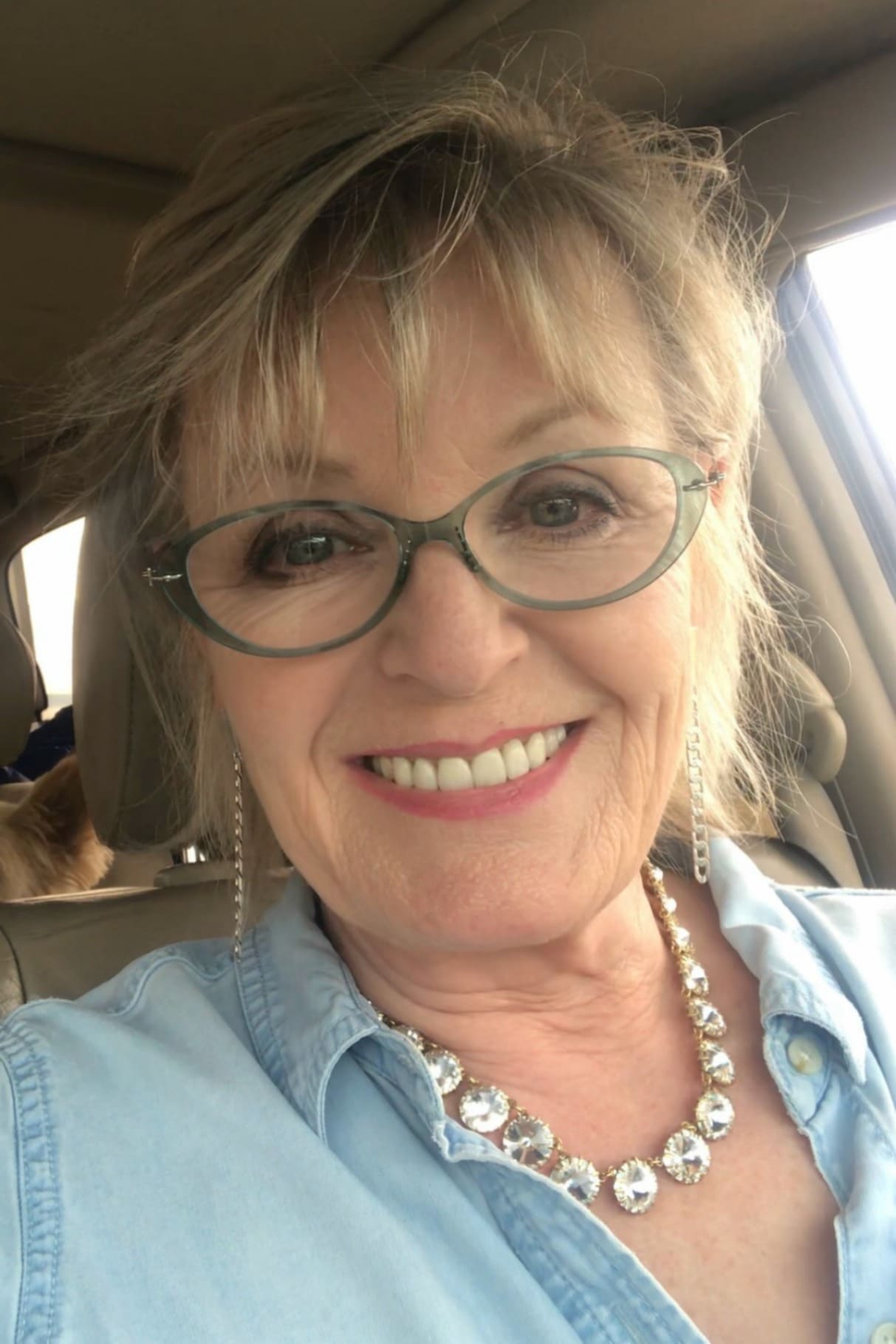 Jennifer Connolly of A Well Styled Life wearing crystal necklace from J Crew with Jenny Bird earrings and chambray shirt