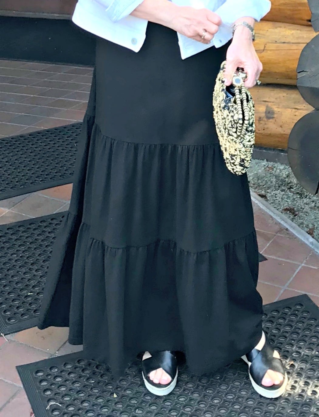 bottom flounce on maxi dress worn by Jennifer Connolly of A Well Styled Life