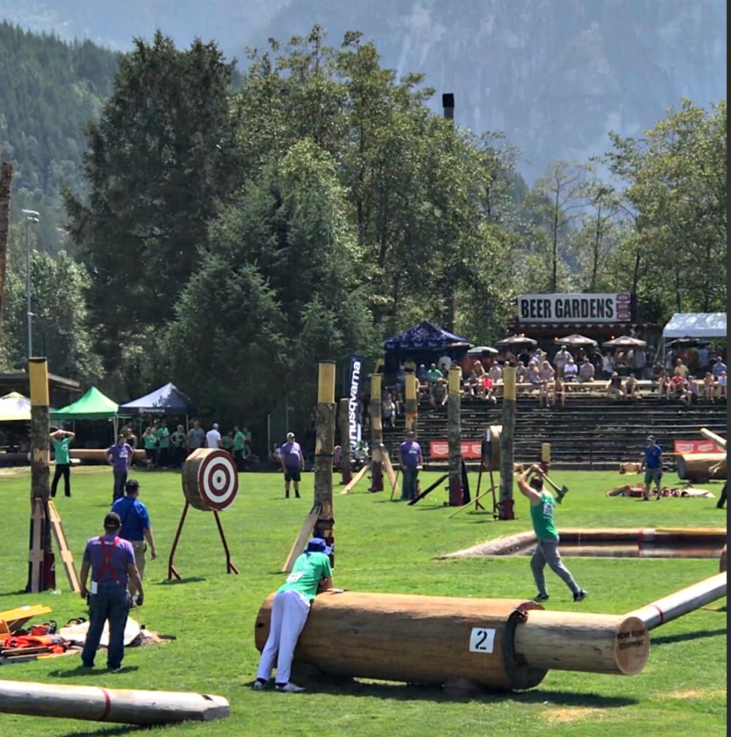 man throwing and axe in competition in Squamish BC