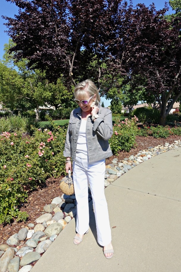 Jennifer Connolly of A Well Styled Life wearing double denim casual outfit with column of white