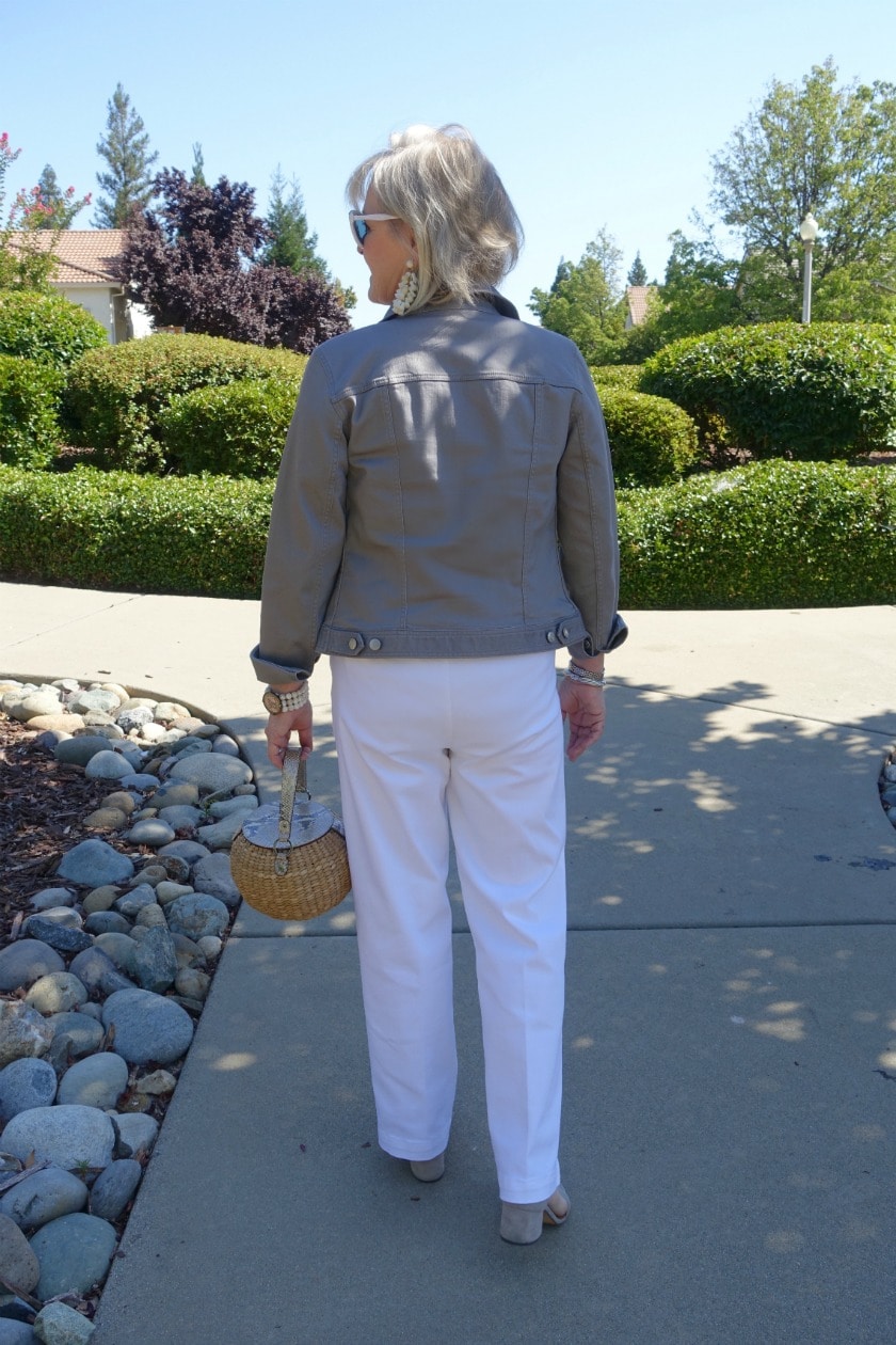 Jennifer Connolly of A well Styled life wears a casual look with denim jacket and white jeans from Talbots