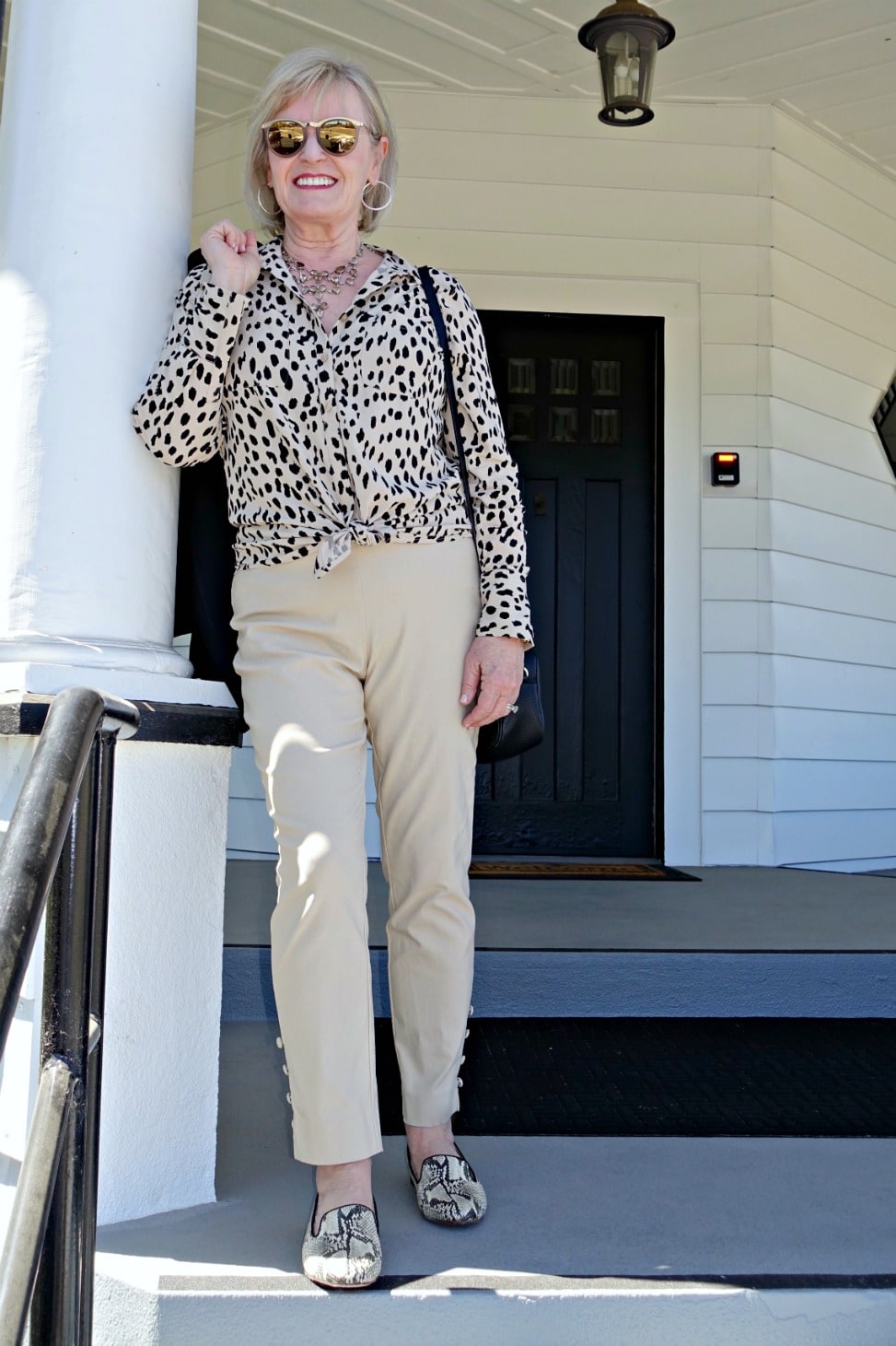 Jennifer Connolly of A Well Styled Life in beige outfit from Chico's with snakeskin shoes