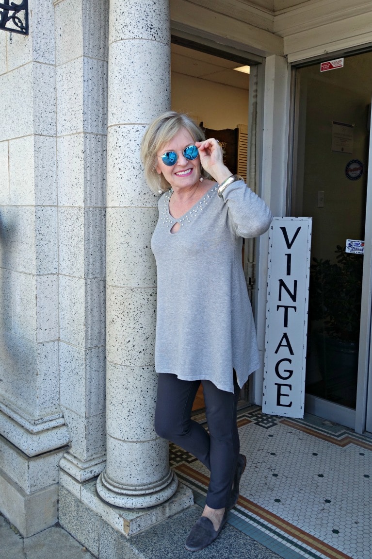 casual gray tunic and pullon leggings on Jennifer Connolly of A Well Styled Life