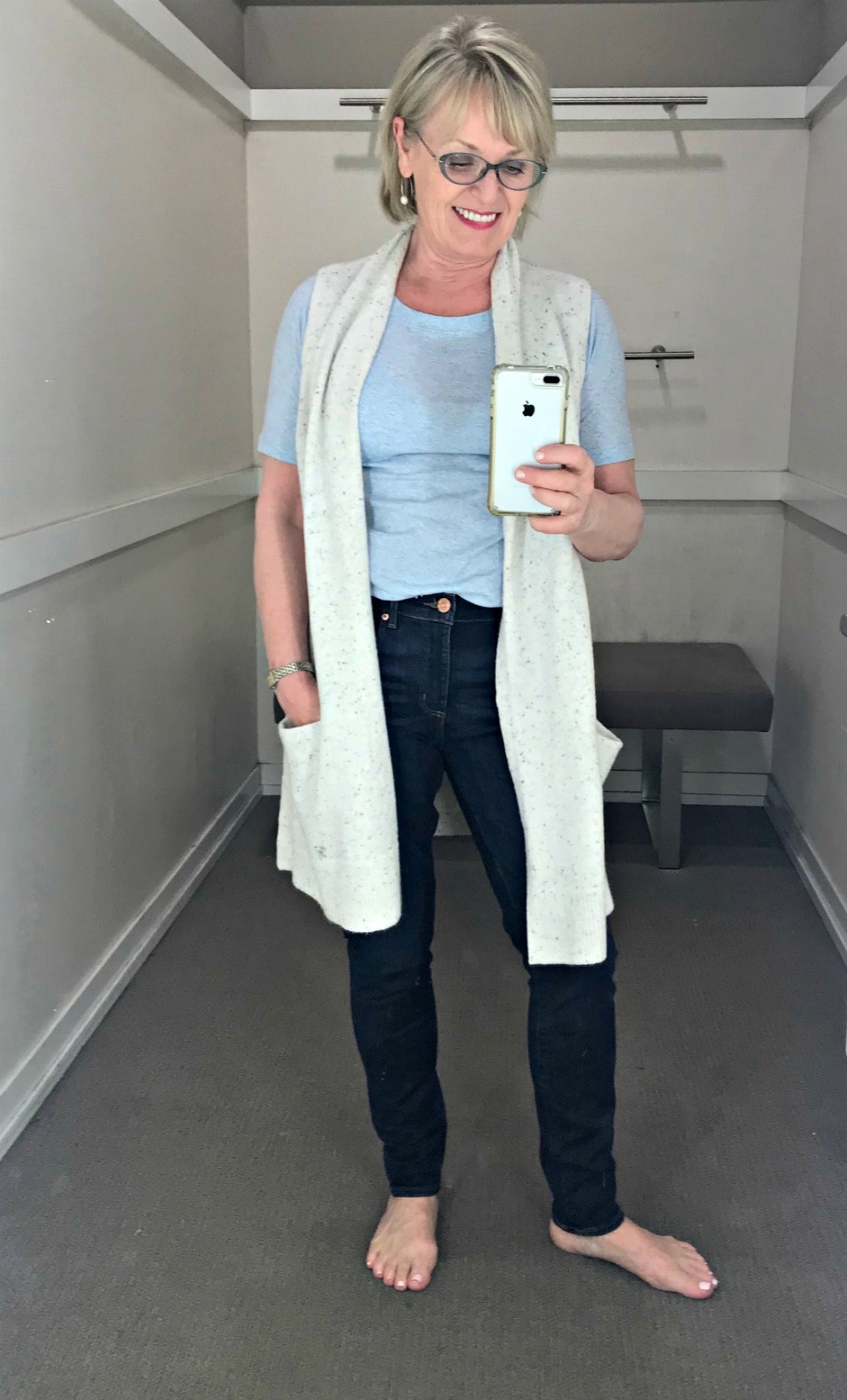 casual outfit on Jennifer Connolly of A Well Styled Life in Loft changing room
