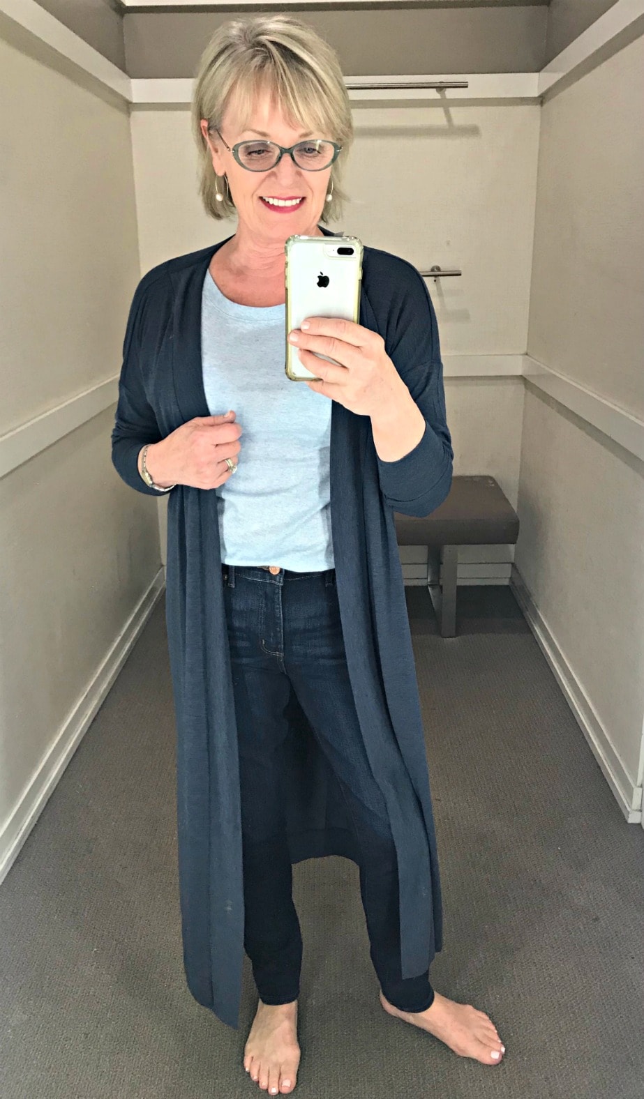 long blue duster, blue tee and skinny jeans for a casual look from Loft on Jennifer Connolly of A Well Styled Life