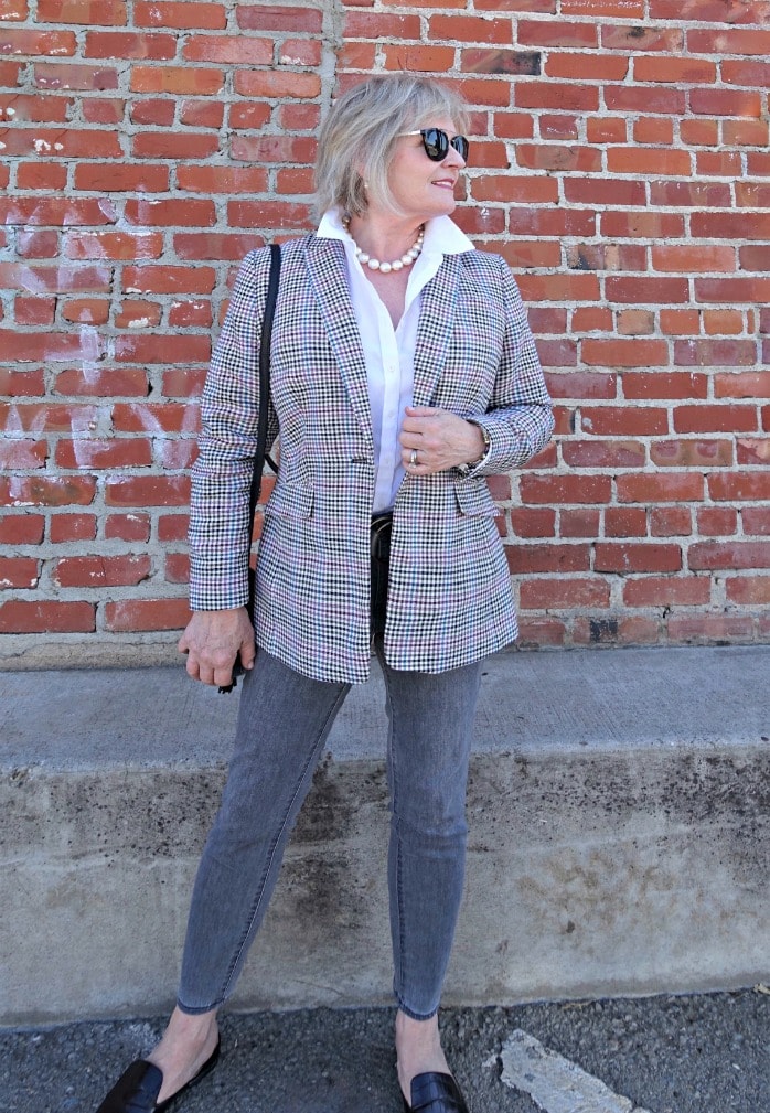 long plaid blazer from Talbots worn with gray jeans and white shirt on A Well Styled Life