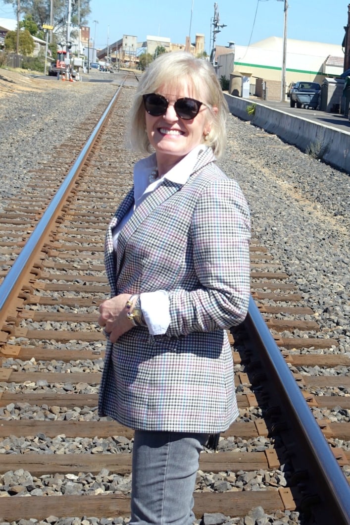 long plaid blazer from Talbots on Jennifer Connolly of A Well Styled Life