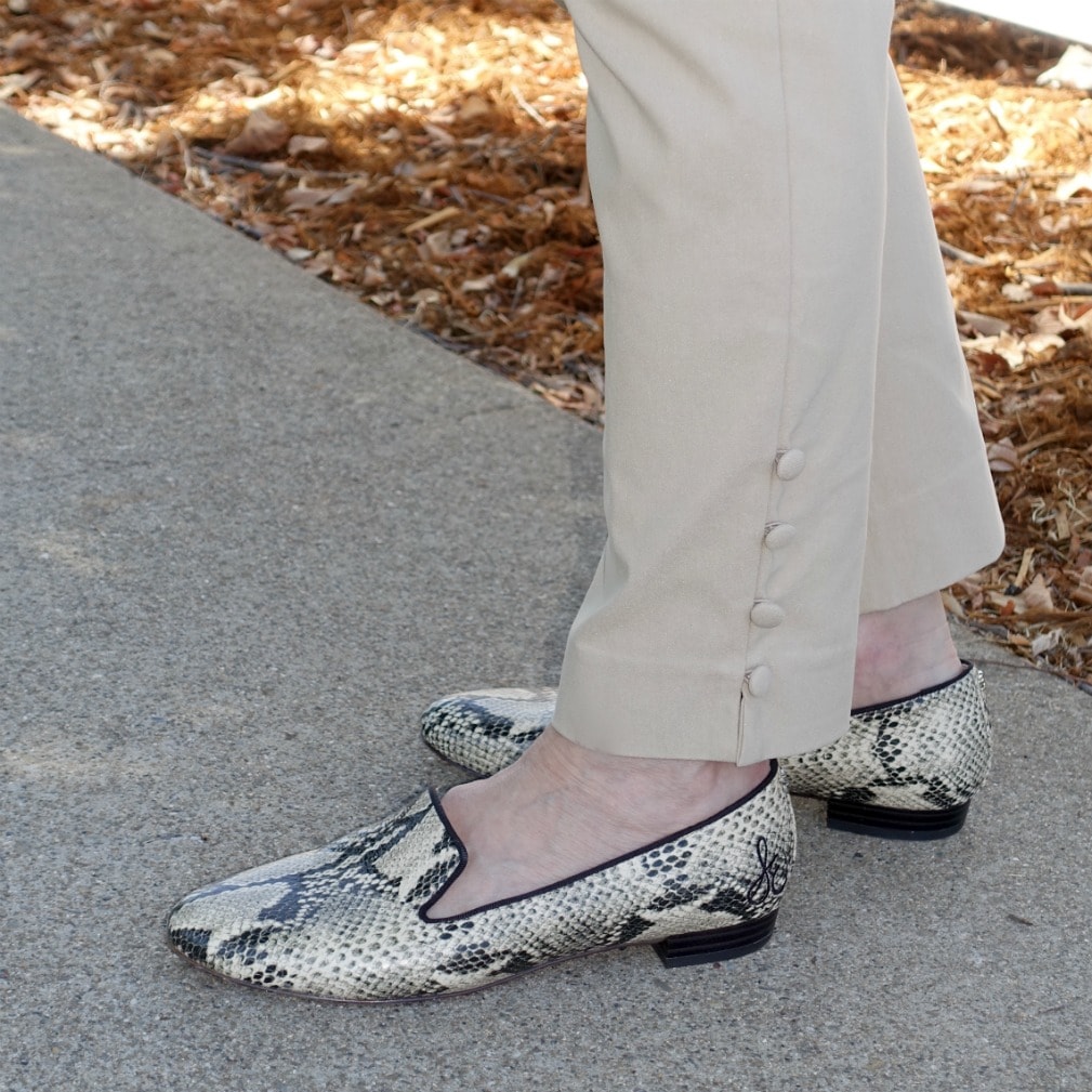 snakeskin loafers with button hem pants on A Well Styled Life