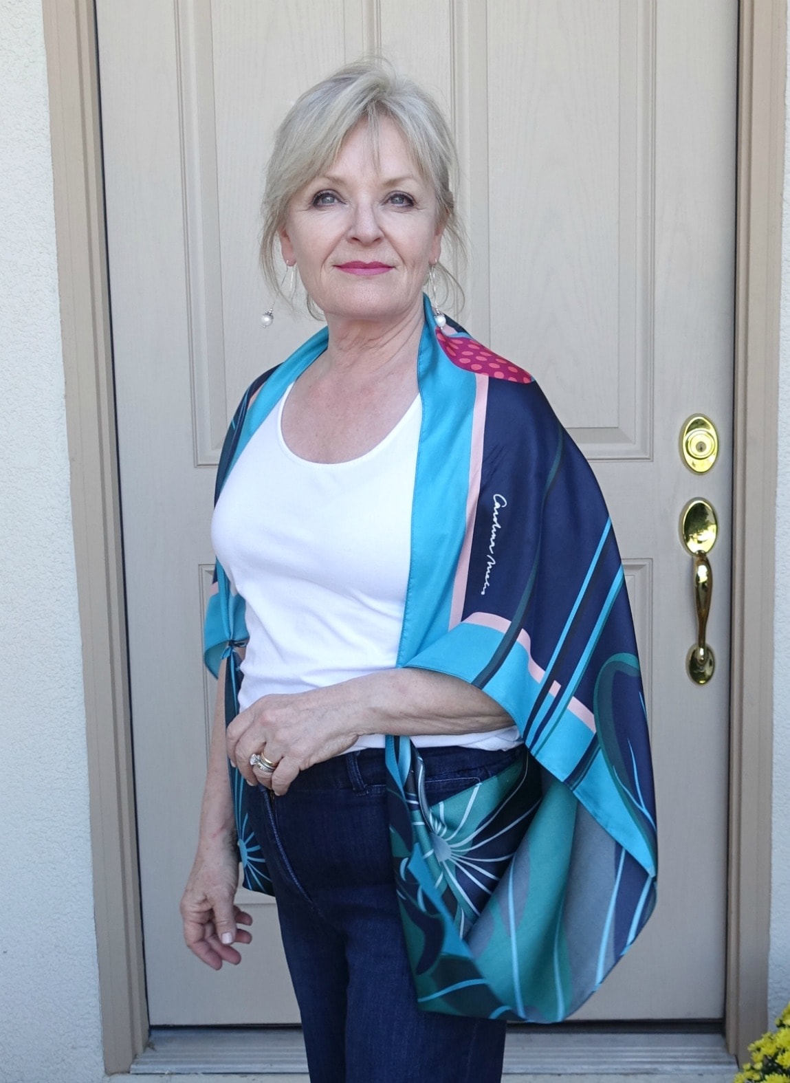 Jennifer Connolly on A Well Styled Life wearing silk scarf as a cocoon wrap