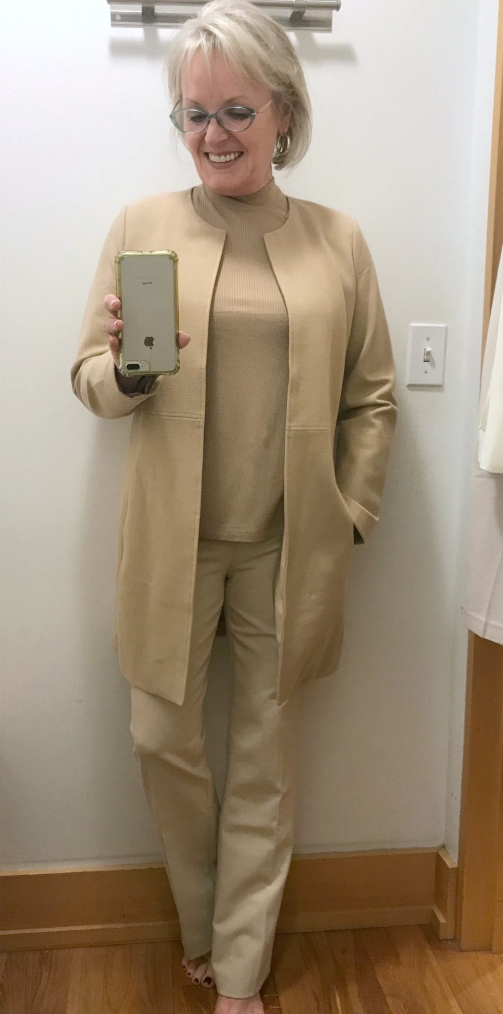Jennifer Connolly of A Well Styled Life wearing camel sweater top and pants from Chico's