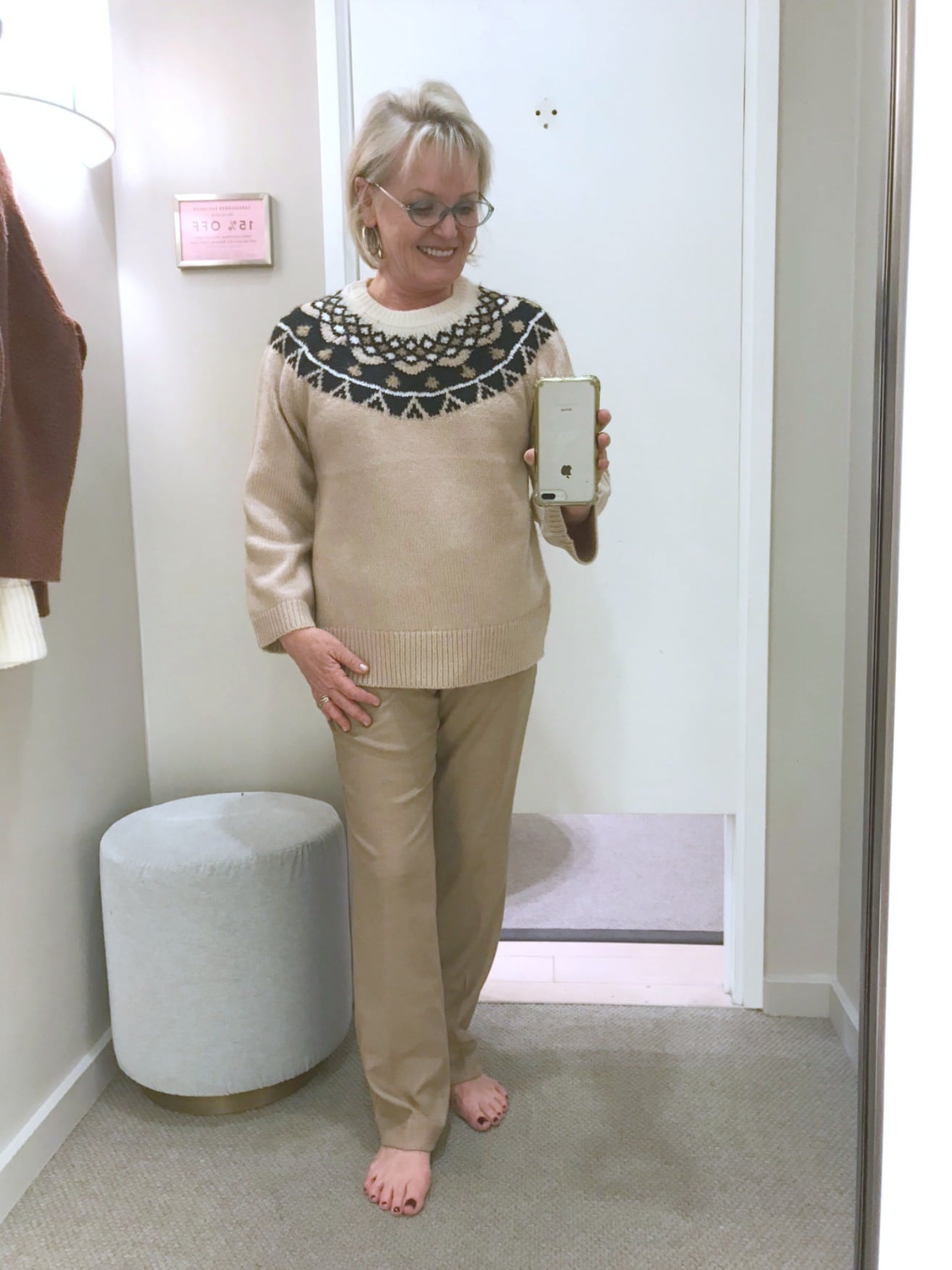 fair isle sweater and straight beige pants from Ann Taylor on A Well Styled Life
