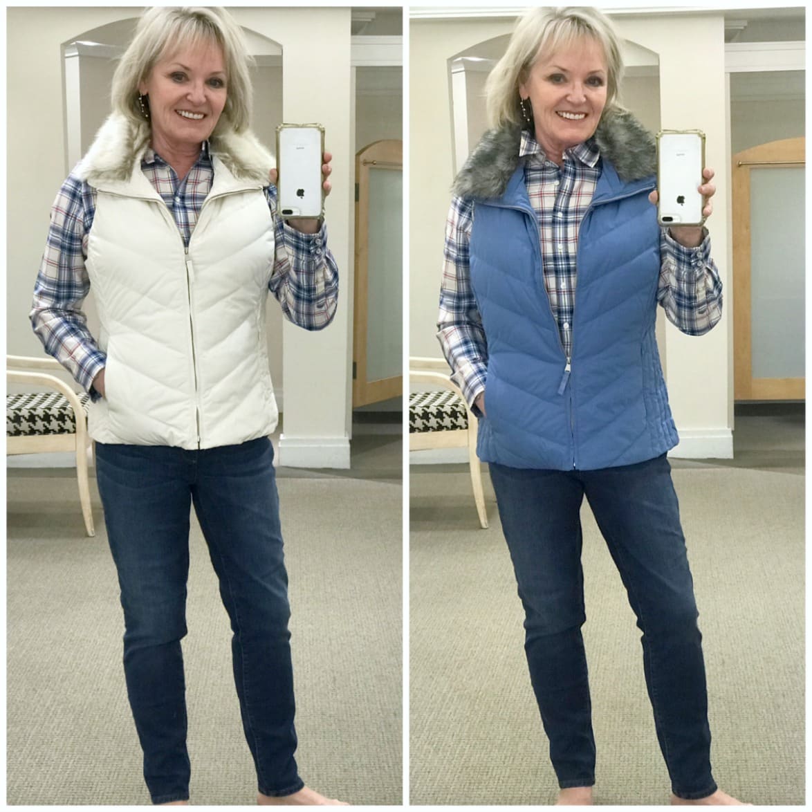 Jennifer Connolly showing the difference between petite and regular puffer vest