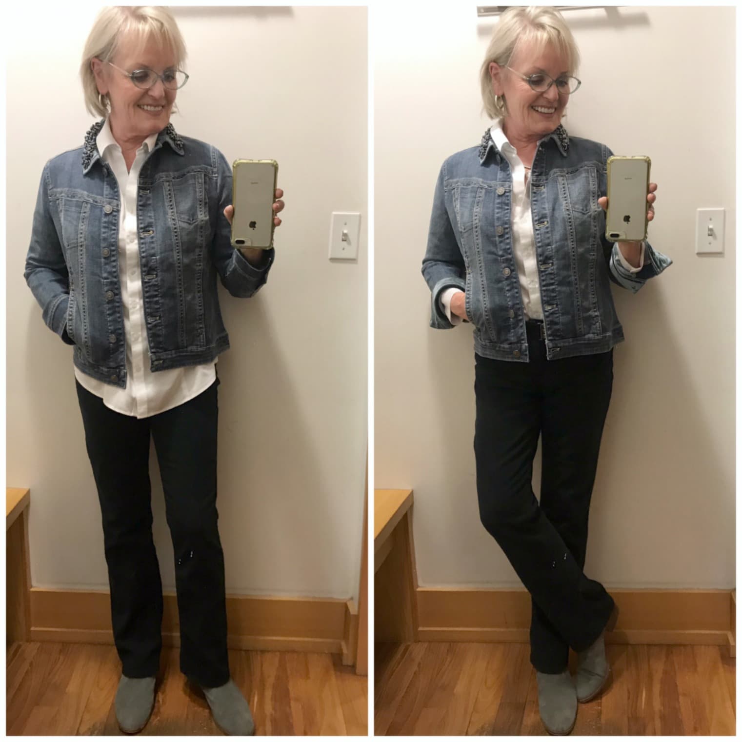 Jennifer Connolly showing proportion difference with tucked and untucked shirt