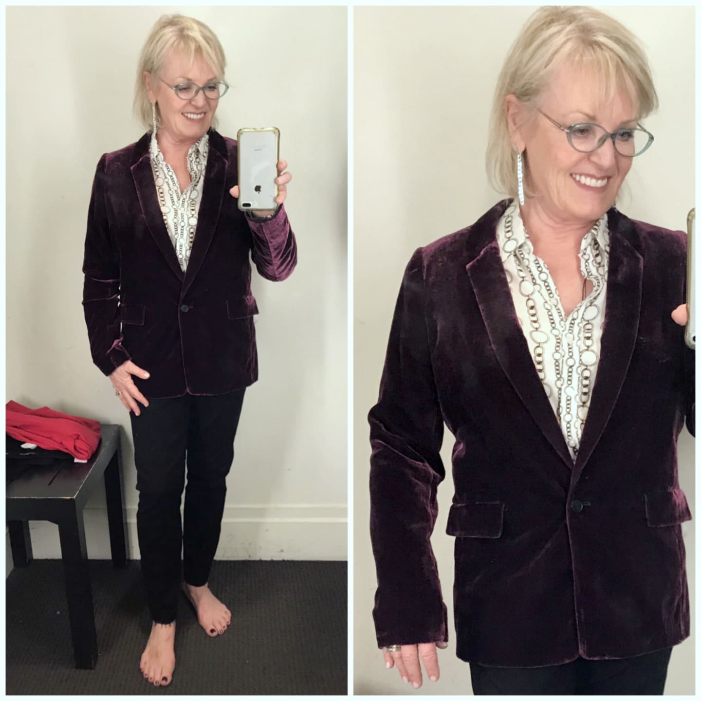 velvet blazer from Banana Republic worn by Jennifer Connolly of A Well Styled Life