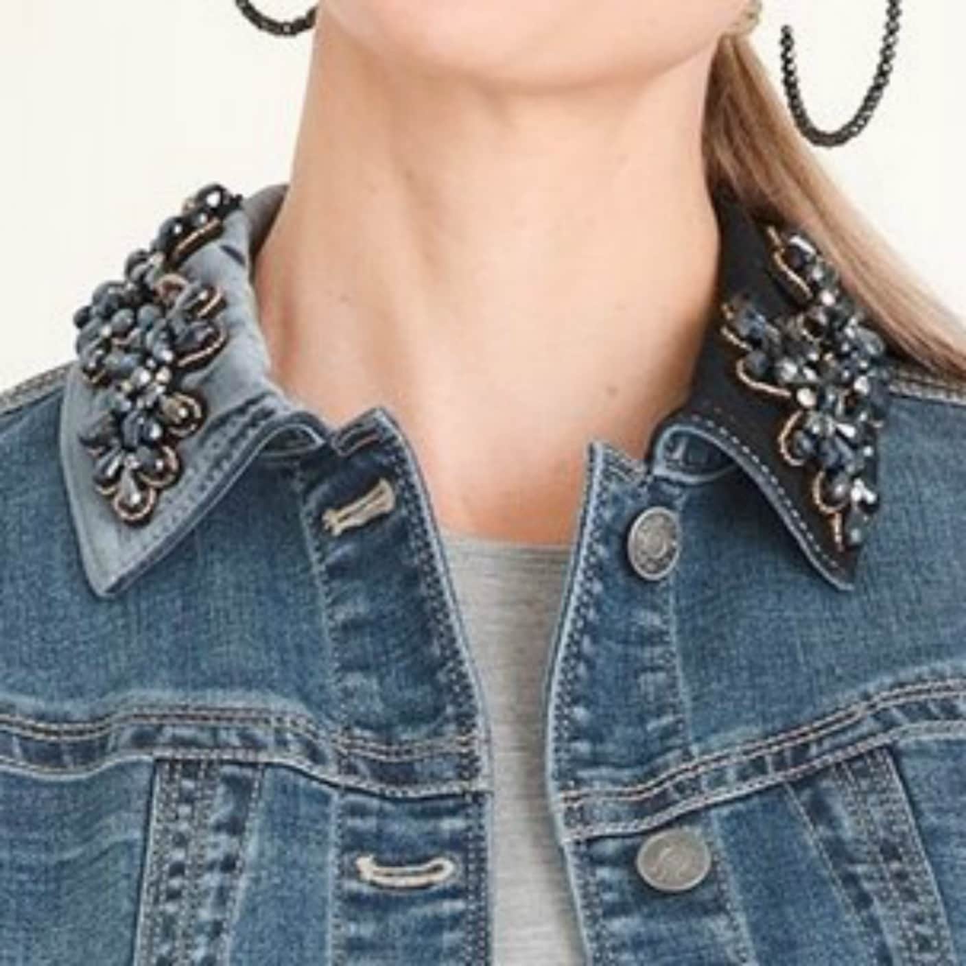 collar detail on embellished denim jacket from Chico's on A Well Styled Life