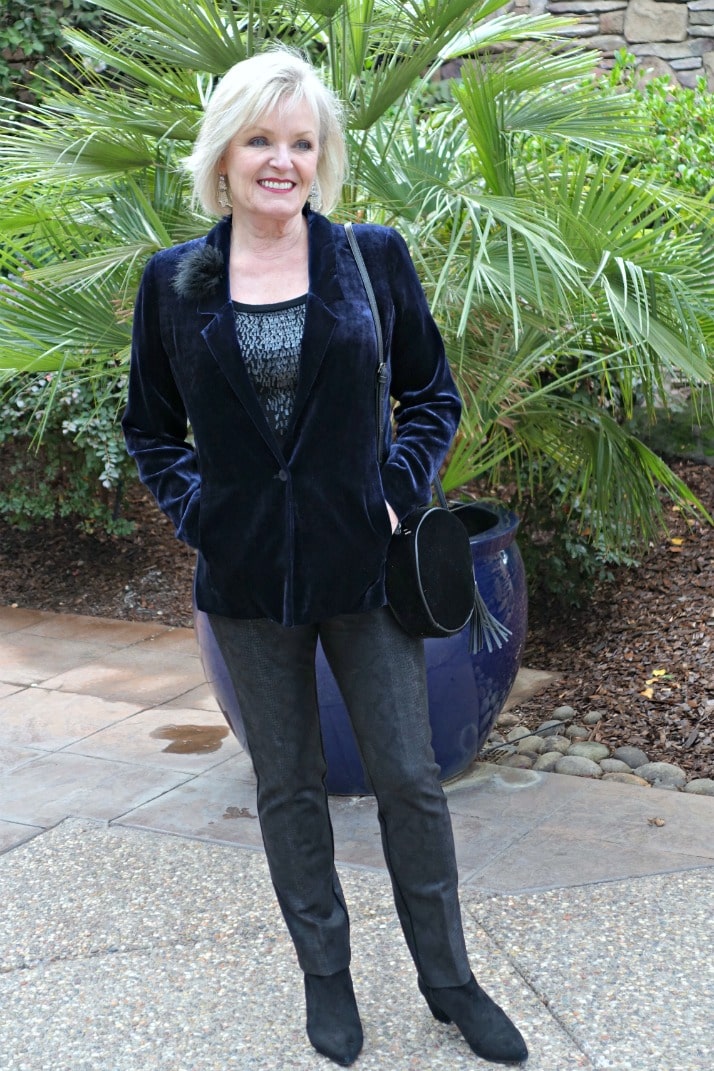 Jennifer Connolly of A Well Styled Life wearing faux leather pants, sequin tank and velvet blazer