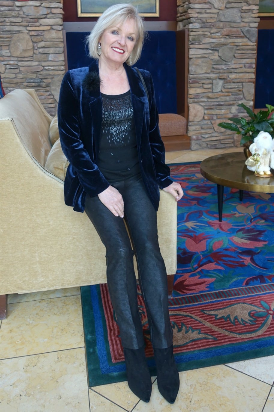 Jennifer Connolly wearing blue velvet blazer with faux leather pants