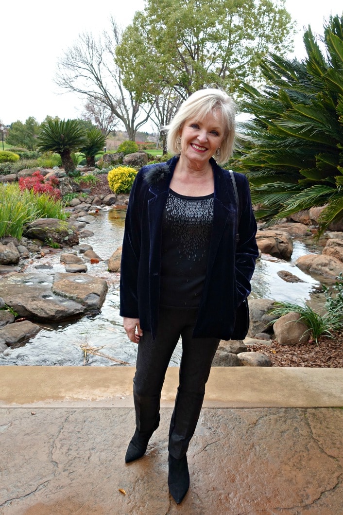 faux leather pants with velvet jacket for casual New years outfit