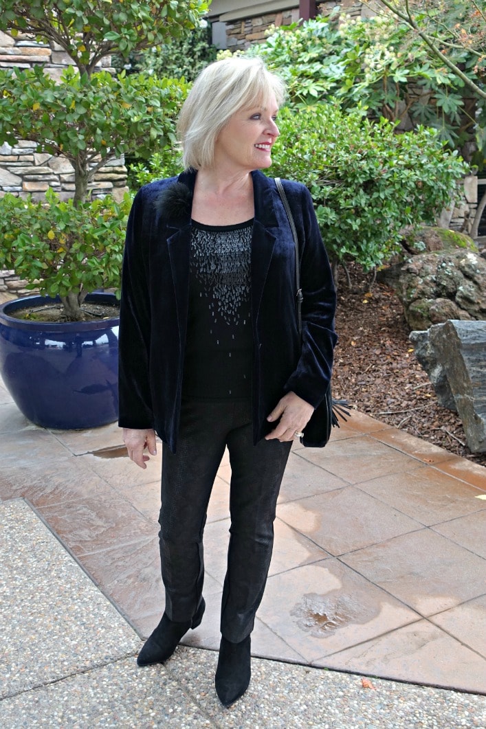 casual holiday outfit with velvet and faux leather