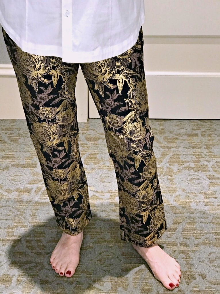 black and gold Moonstruck pants with white shirt