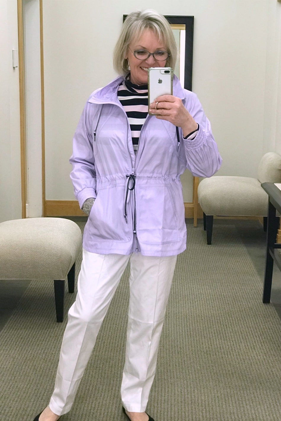 Jennifer Connolly of A Well Styled Life wearing cinch waist jacket from talbots