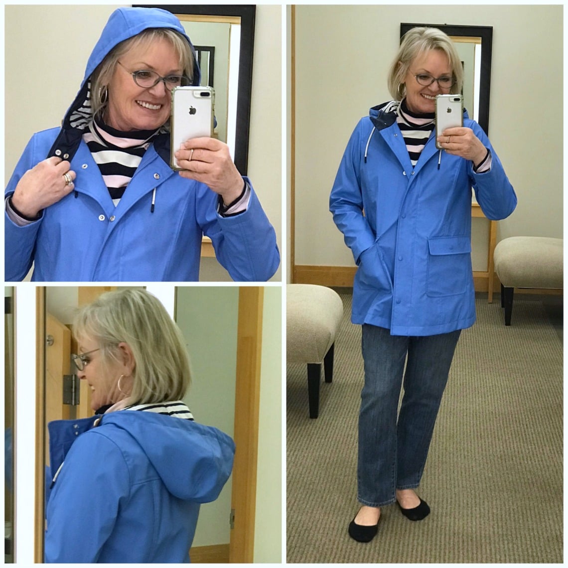 Jennifer Connolly of A Well Styled Life styling Talbots classic raincoat in blue