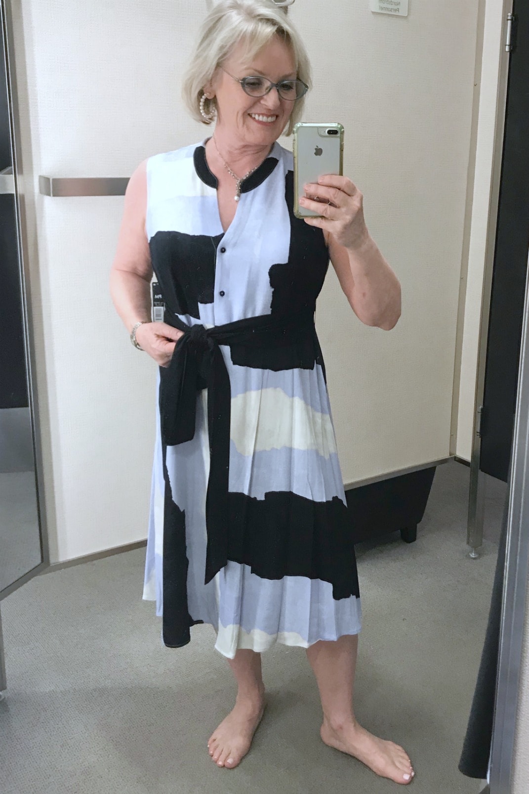 color block dress worn by Jennifer Connolly in Nordstrom dressing room