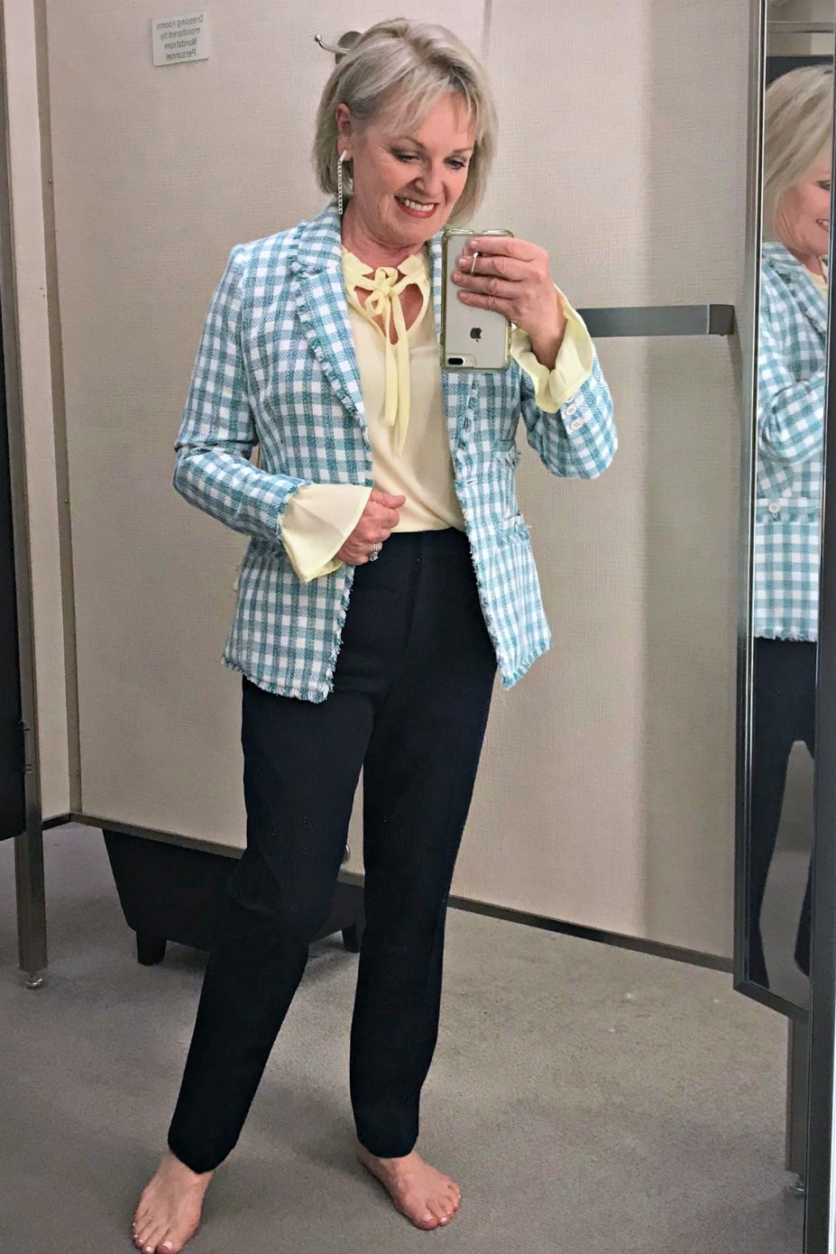 over 50 style blogger jennifer Connolly styling gingham tweed jacket from Nordstrom