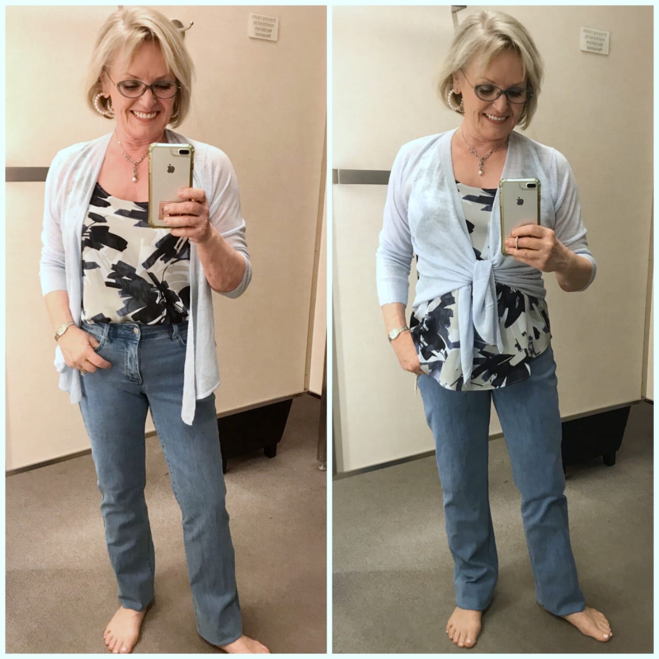 over 50 blogger Jennifer Connolly showing two ways to wear a nic+zoe sweater