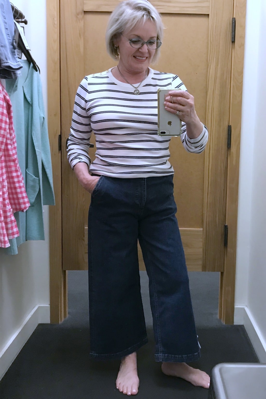 Jennifer Connolly from A Well Styled Life wearing striped tee and wide legged crops from J Crew Factory