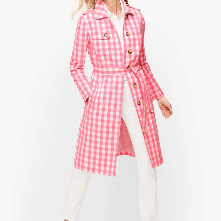Talbots pink gingham trench coat on A Well Styled Life