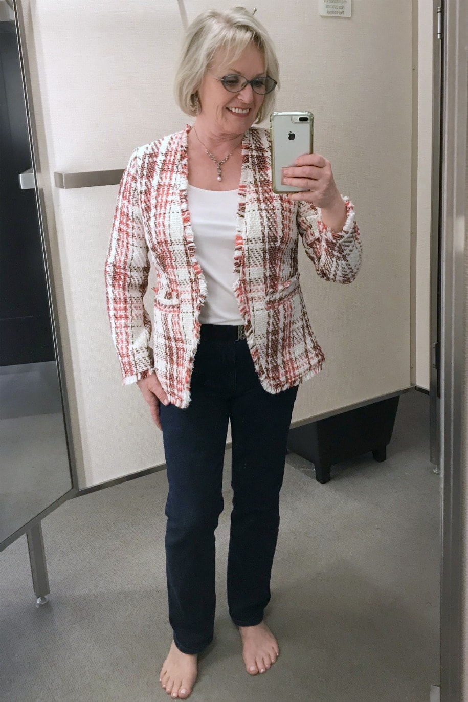 open front plaid tweed jacket on midlife blogger Jennifer Connolly