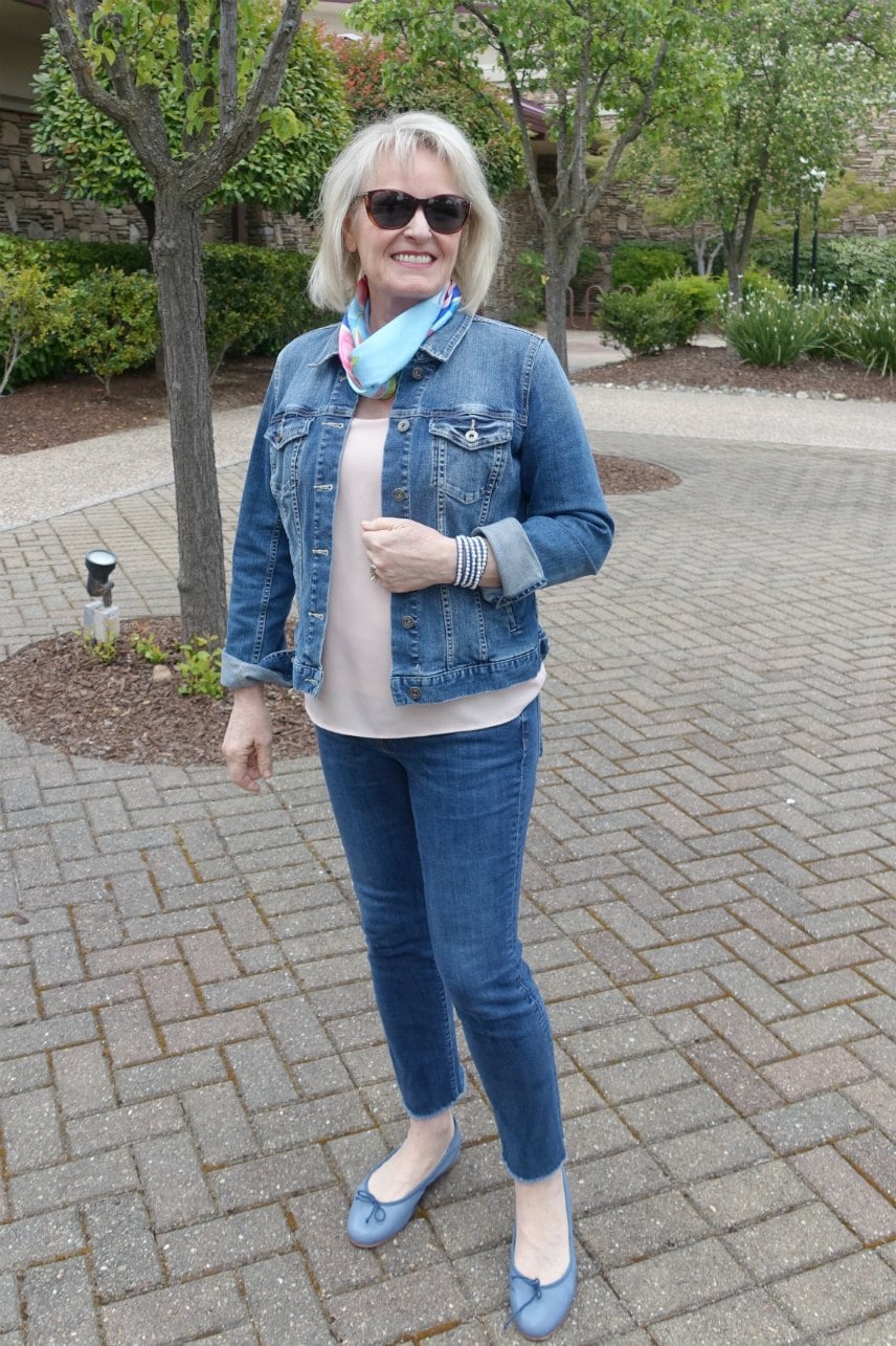 over 50 style blogger Jennifer Connolly wearing double denim