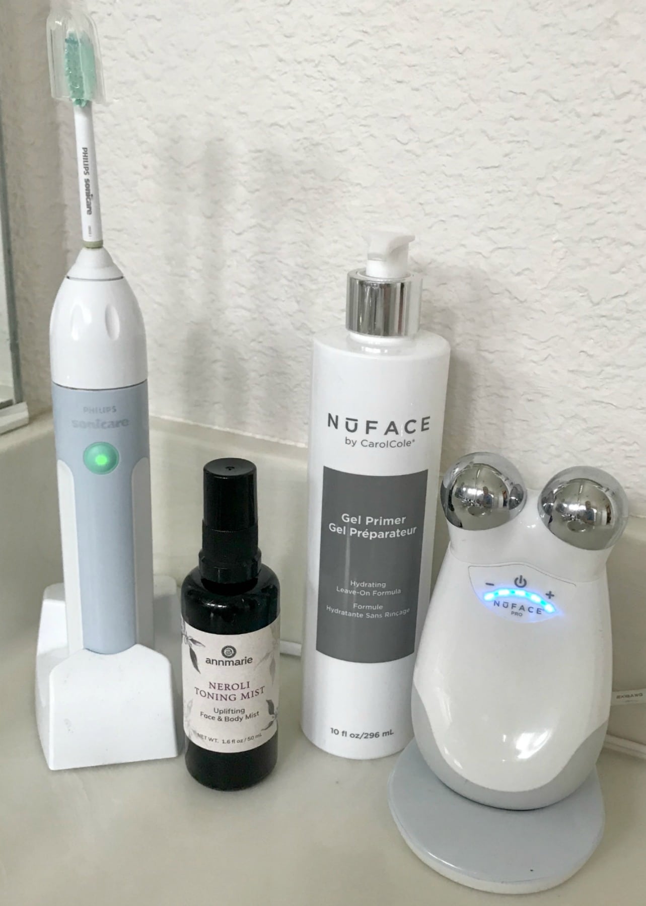 trinity nuface and gel primer on counter