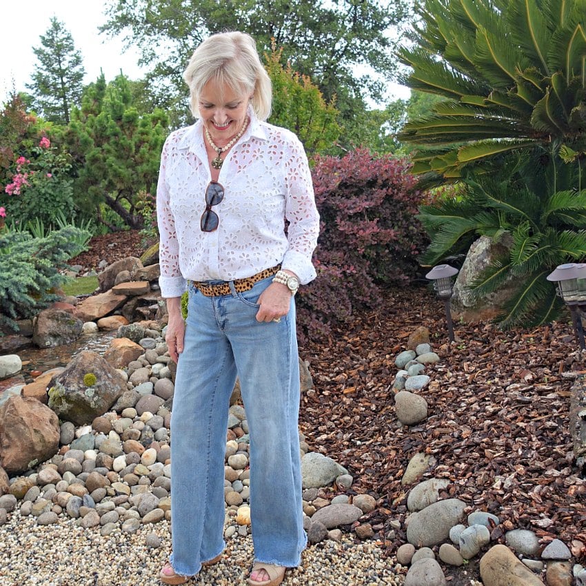 fashion blogger wearing j crew blouse and NYDJ wide leg jeans