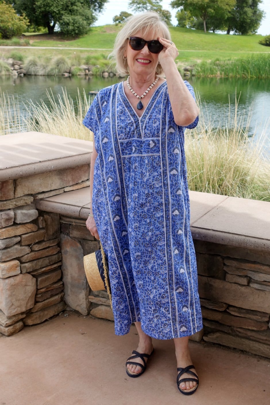beautiful blue caftan on midlife blogger Jennifer Connolly