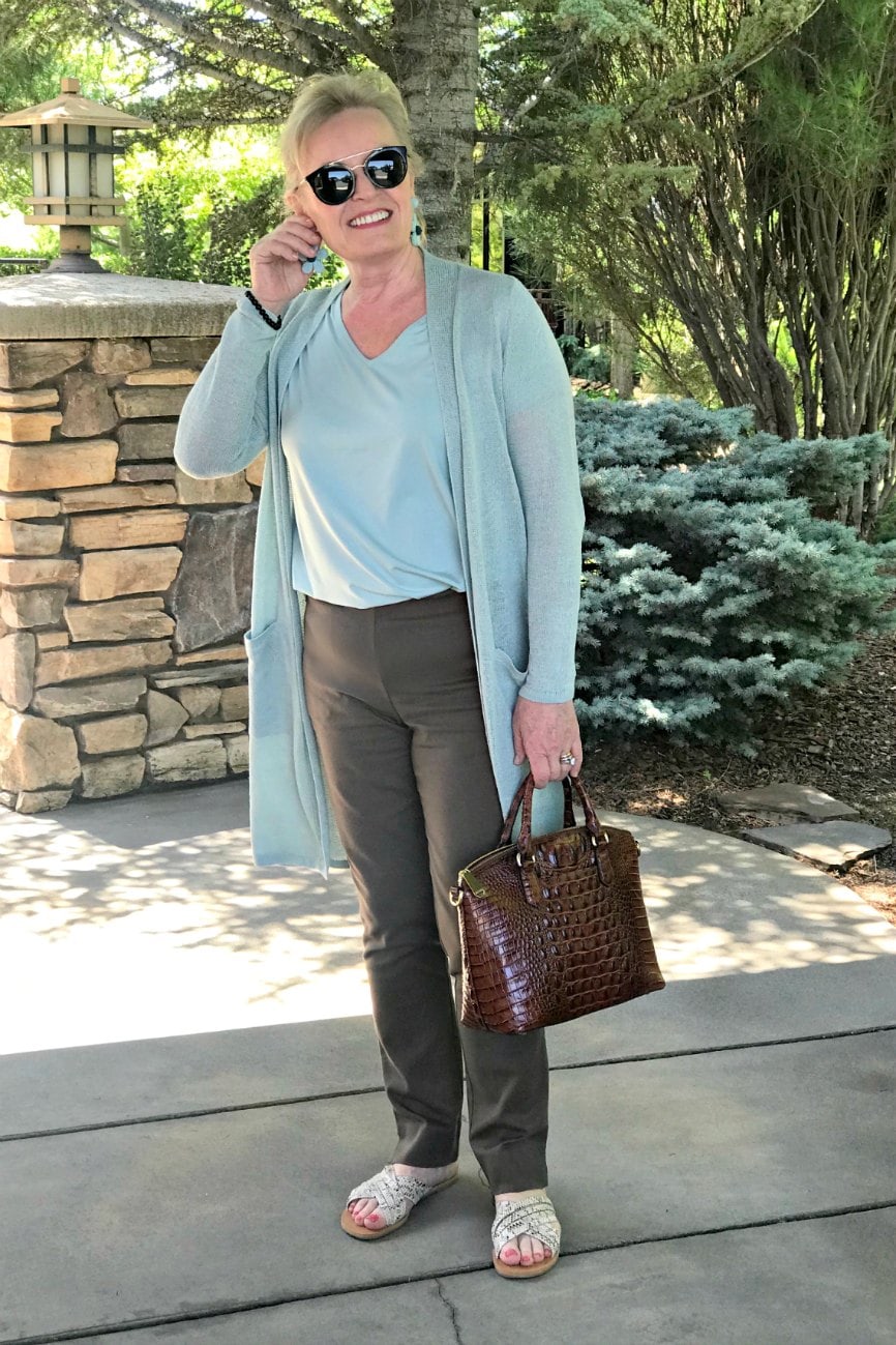 sea green linen sweater outfit on Jennifer Connolly