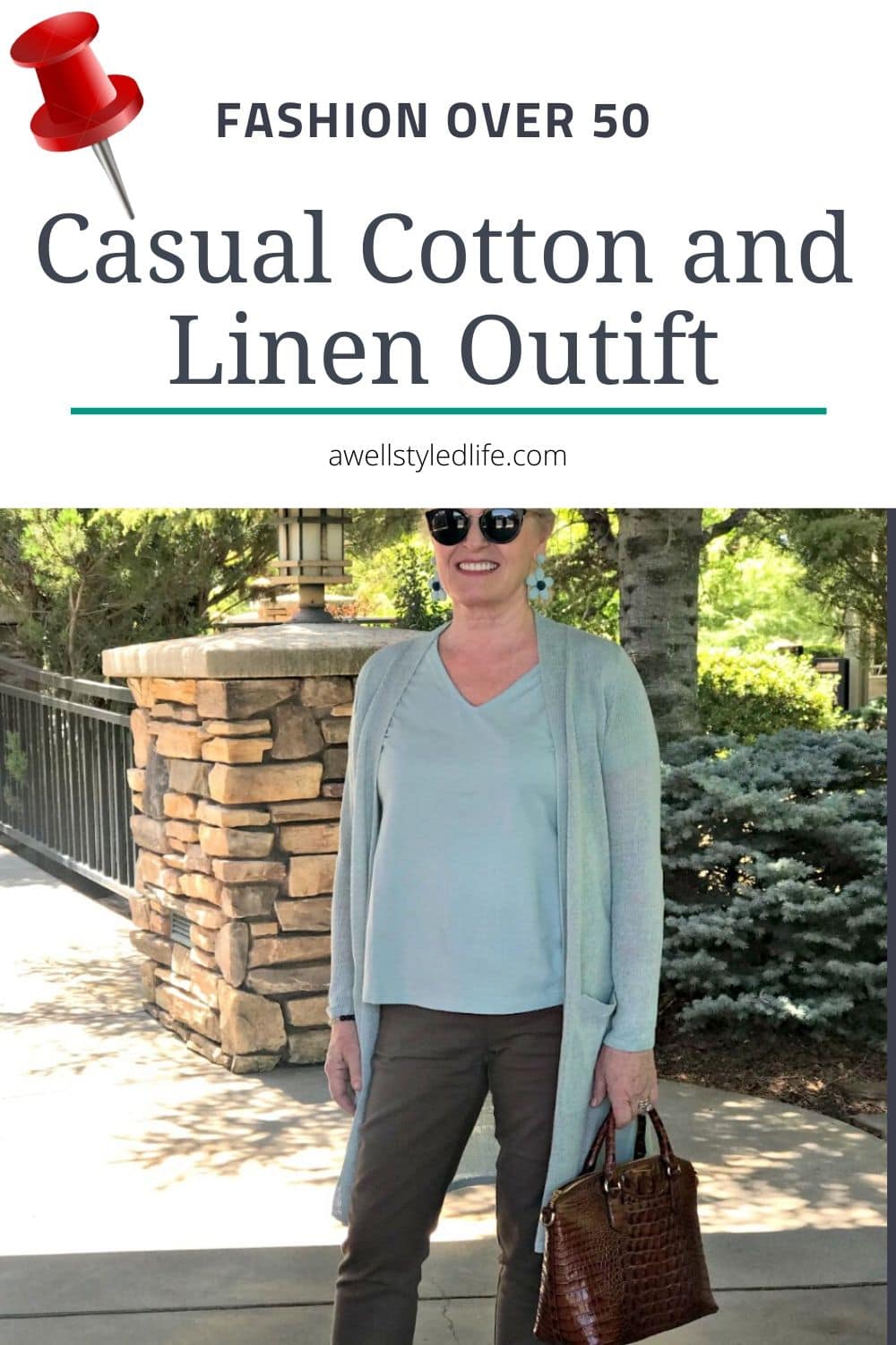 casual cotton and linen outfit on Over 50 style blogger Jennifer Connolly