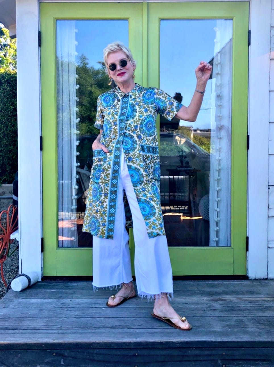 woman in vintage housecoat and denim