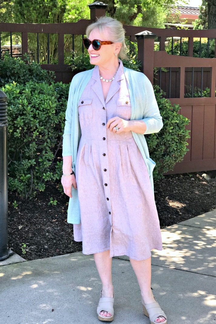 over 50 petite blogger jennifer connolly wearing j.jill dress and sweater